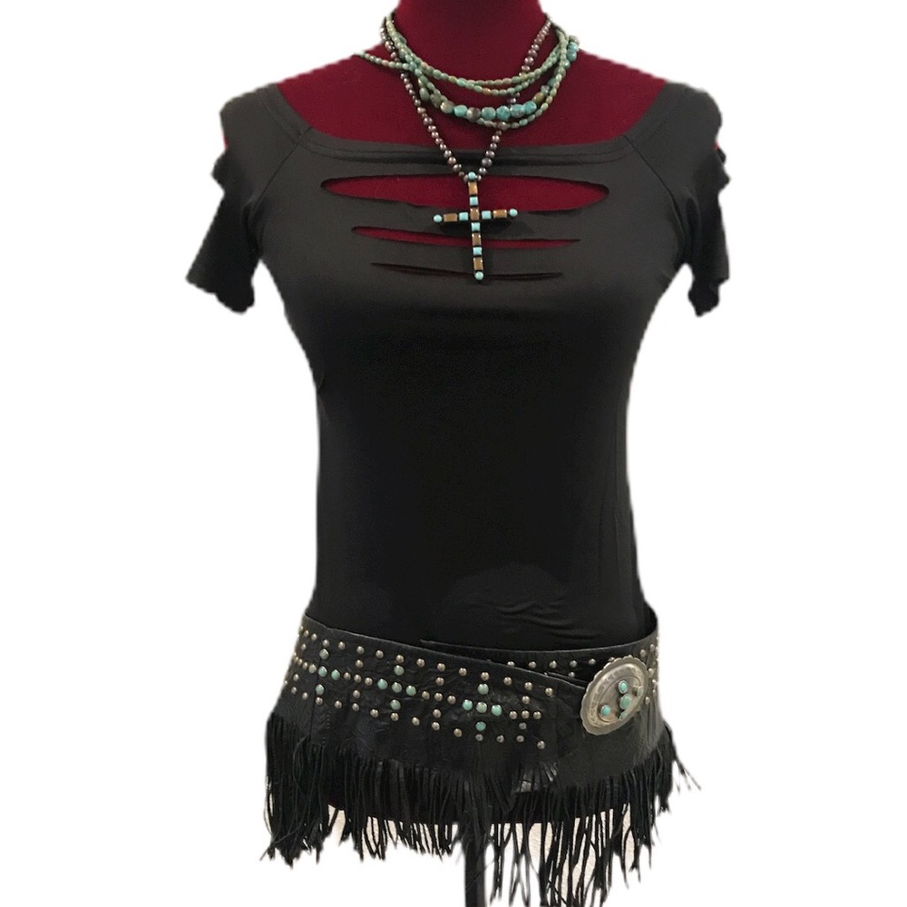 Black Fringe Western Belt with Turquoise Accents